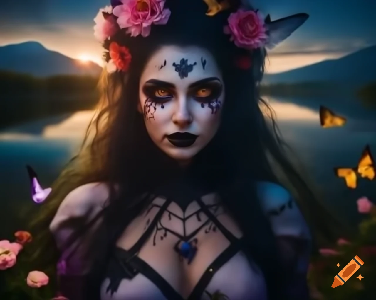 Hyperrealistic Gothic woman with flowers and butterflies in her hair