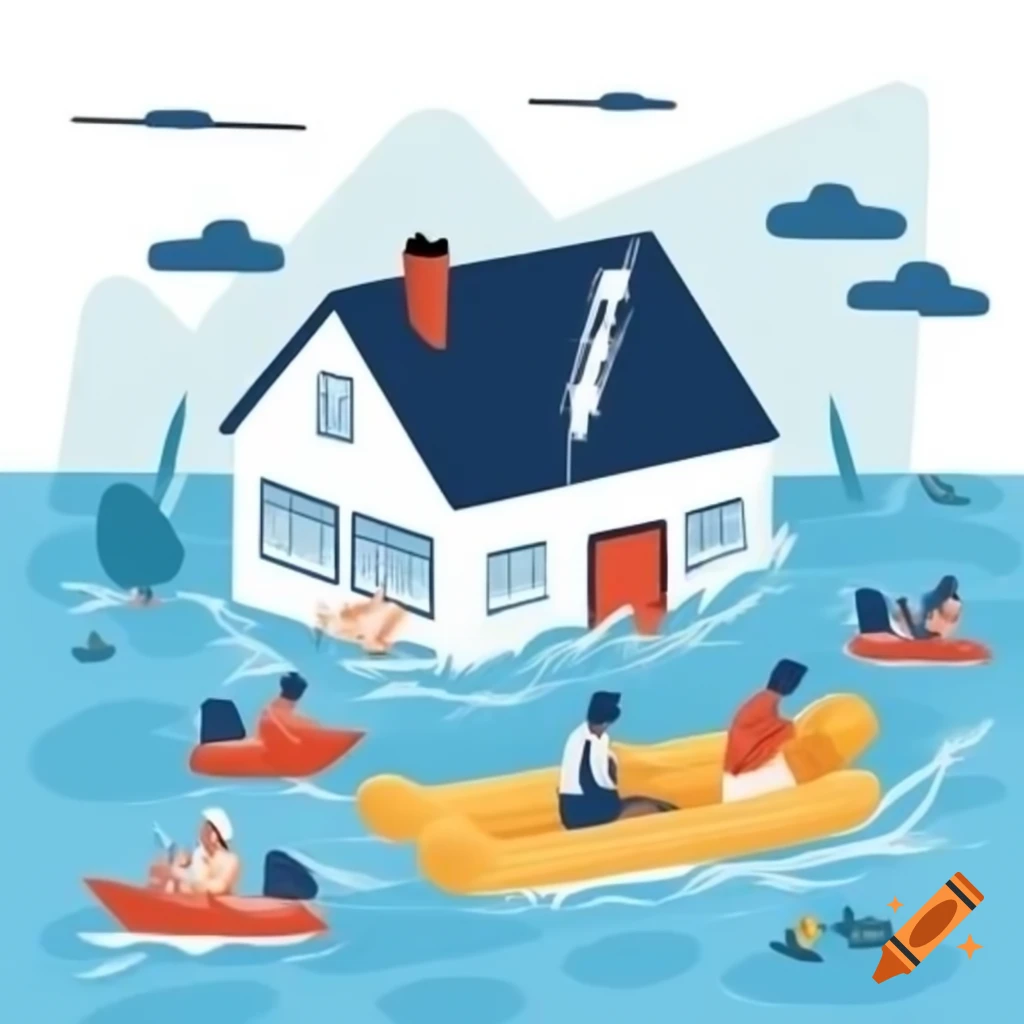 Illustration of flooded house with rescue boat navigating through streets