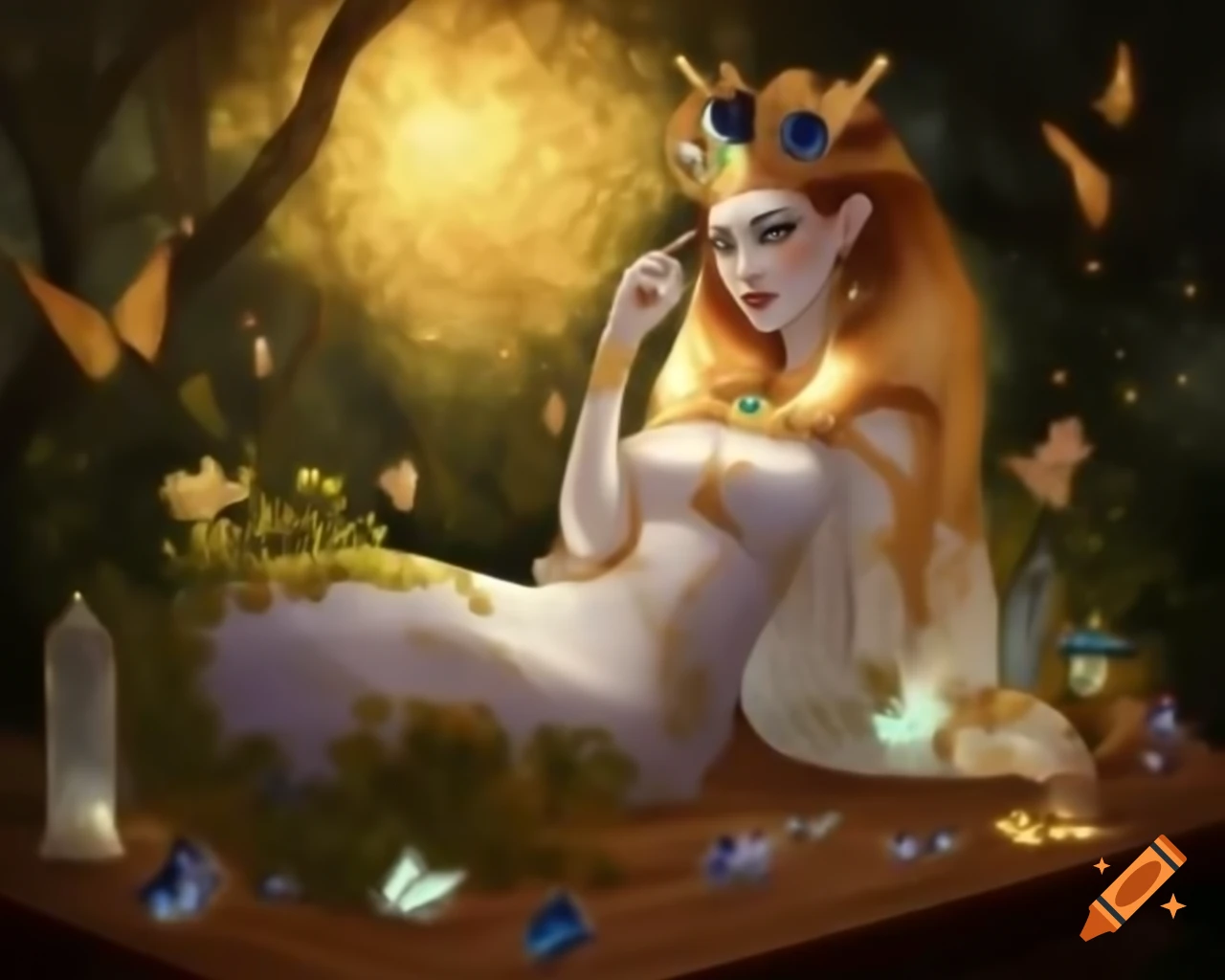 Hyperrealistic micro photograph of Lady Palutena with crystal tiara and flowers