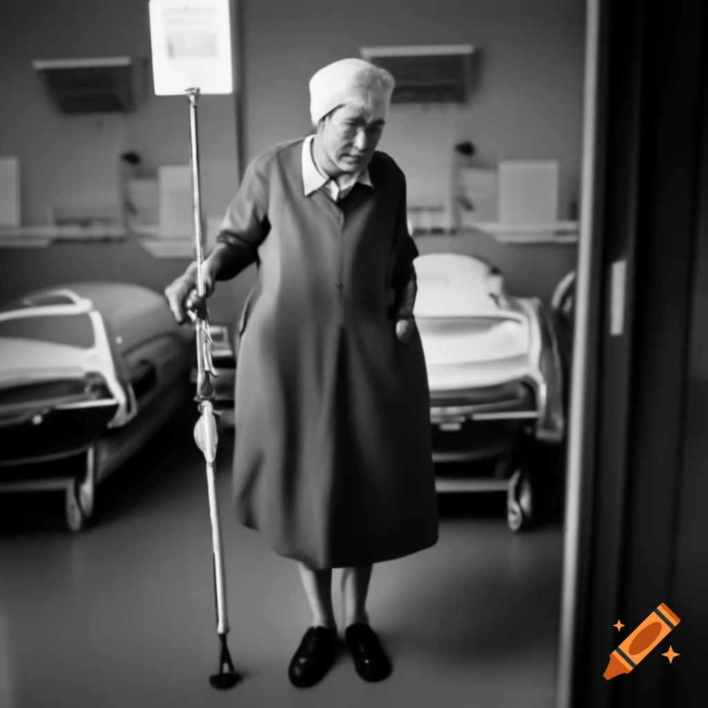 Elderly woman walking in hospital with IV pole