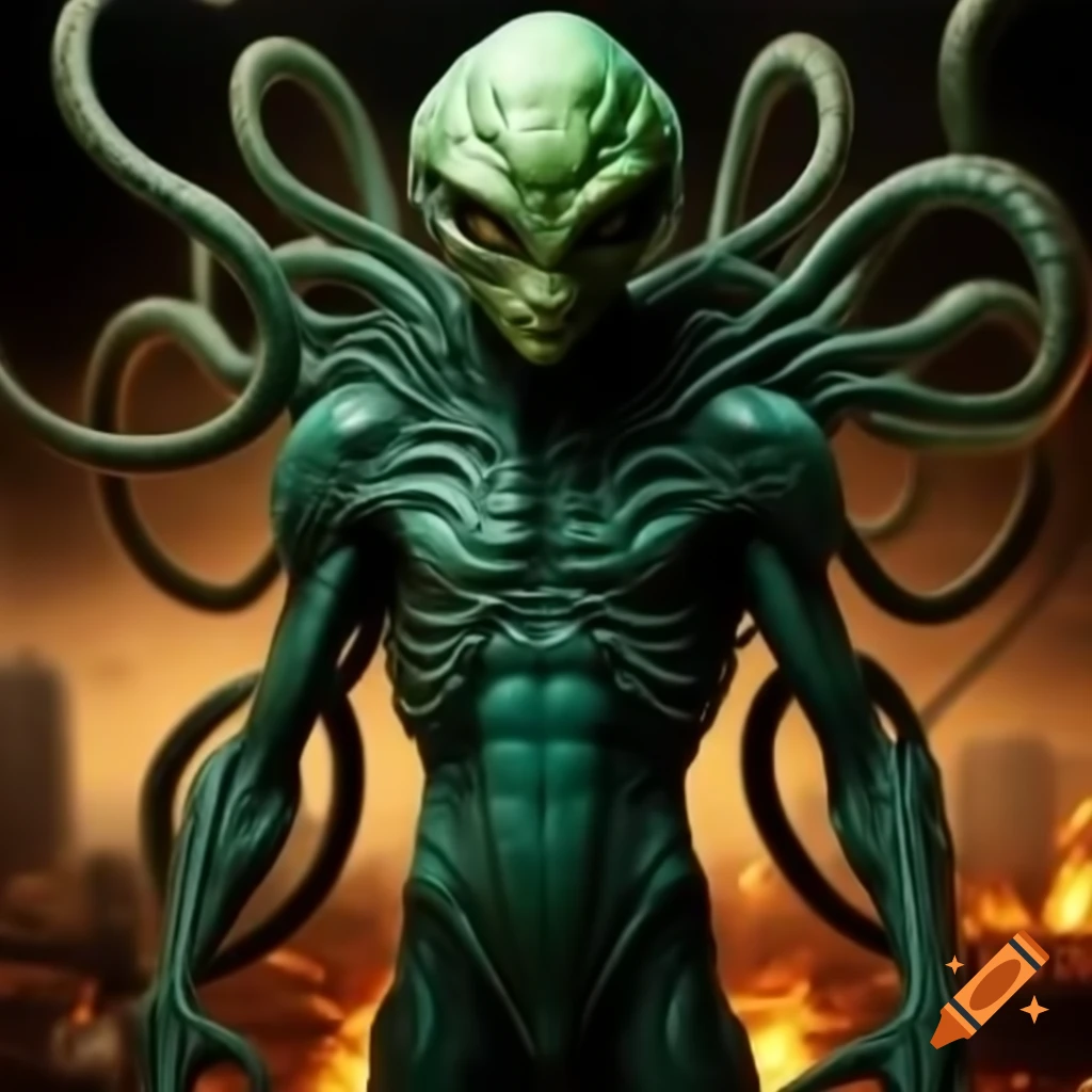 Smirking green alien in teal super suit with tentacles and burning city background