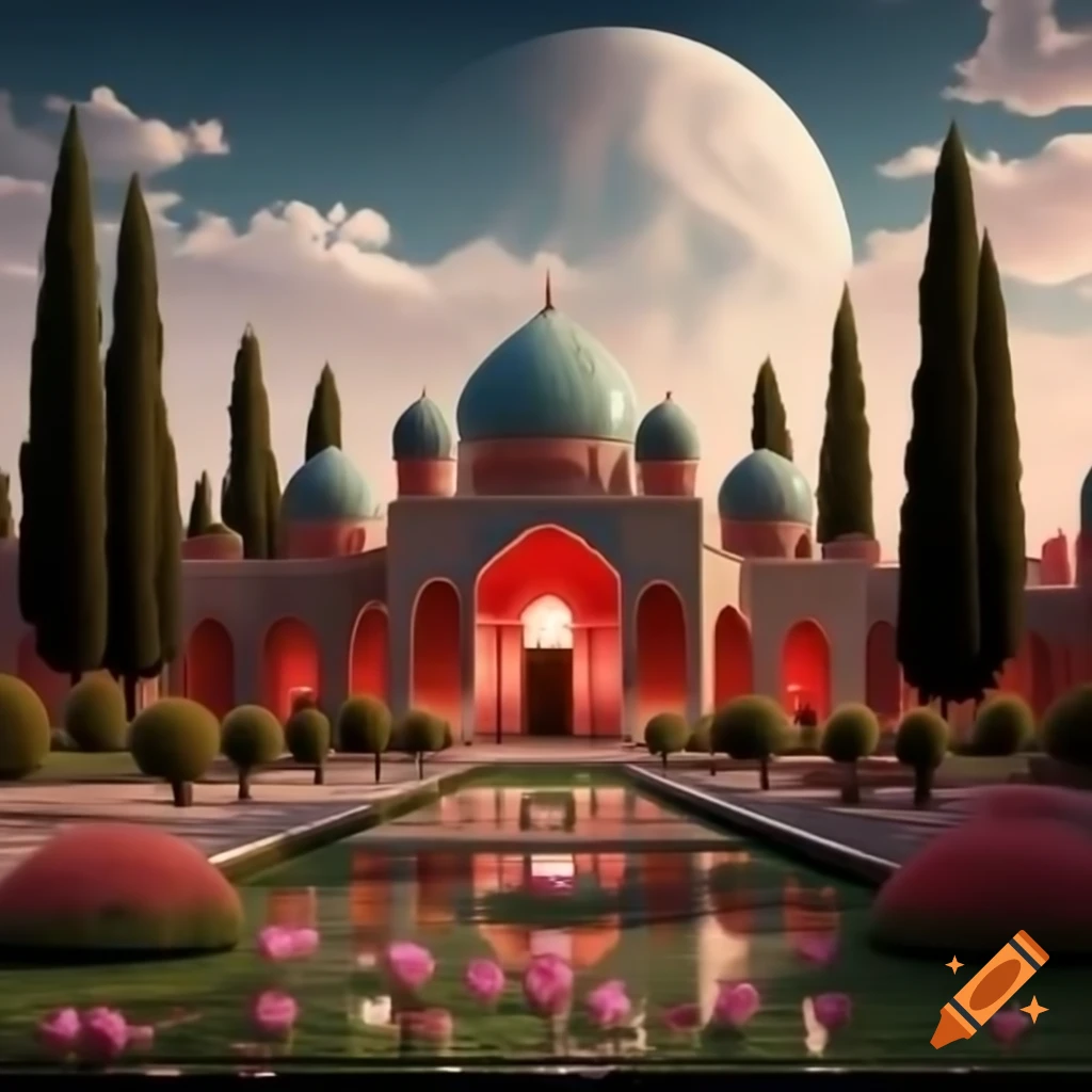 Persian domes and arches in flower garden with cypress trees and detailed moon, ukiyo-e style
