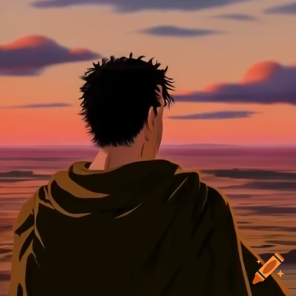 Berserk character Guts overlooking sunset in Studio Ghibli art style