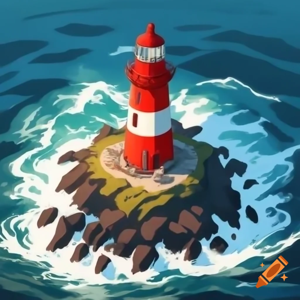 Red and white lighthouse on rocky outcrop with waves, letterpress style