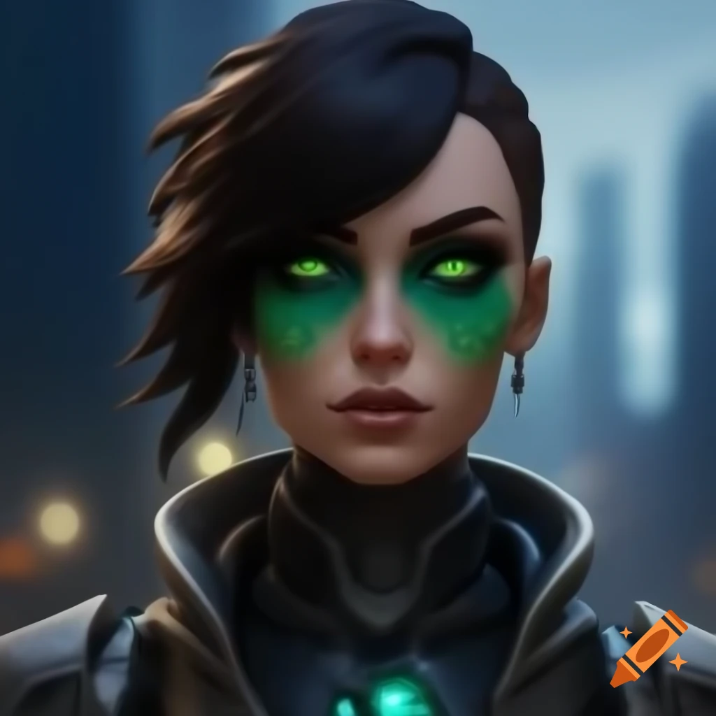 Futuristic female soldier with brown skin and green eyes in Kowloon City