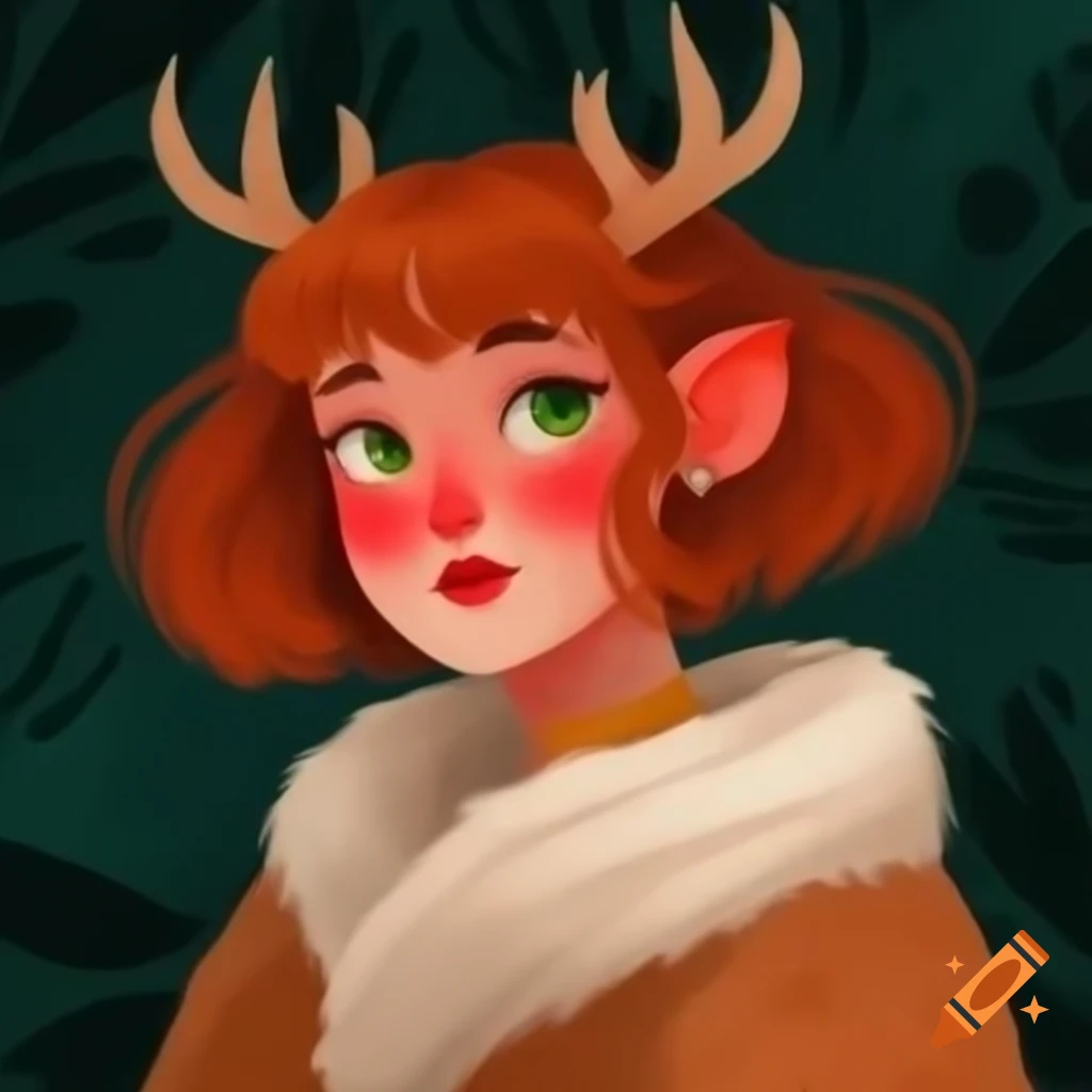 Woman with auburn waves and fawn antlers, vibrant playful painting