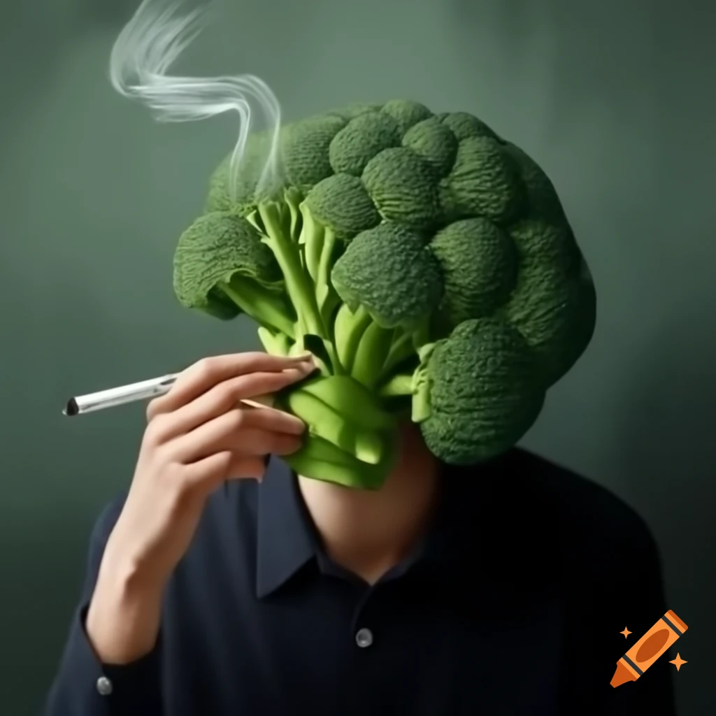 Person with broccoli head, smoking in brutalist setting, expressing emotions