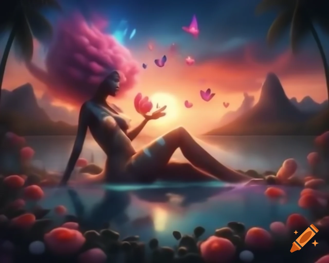 Beautiful woman with surreal wig of vibrant objects in sunset light