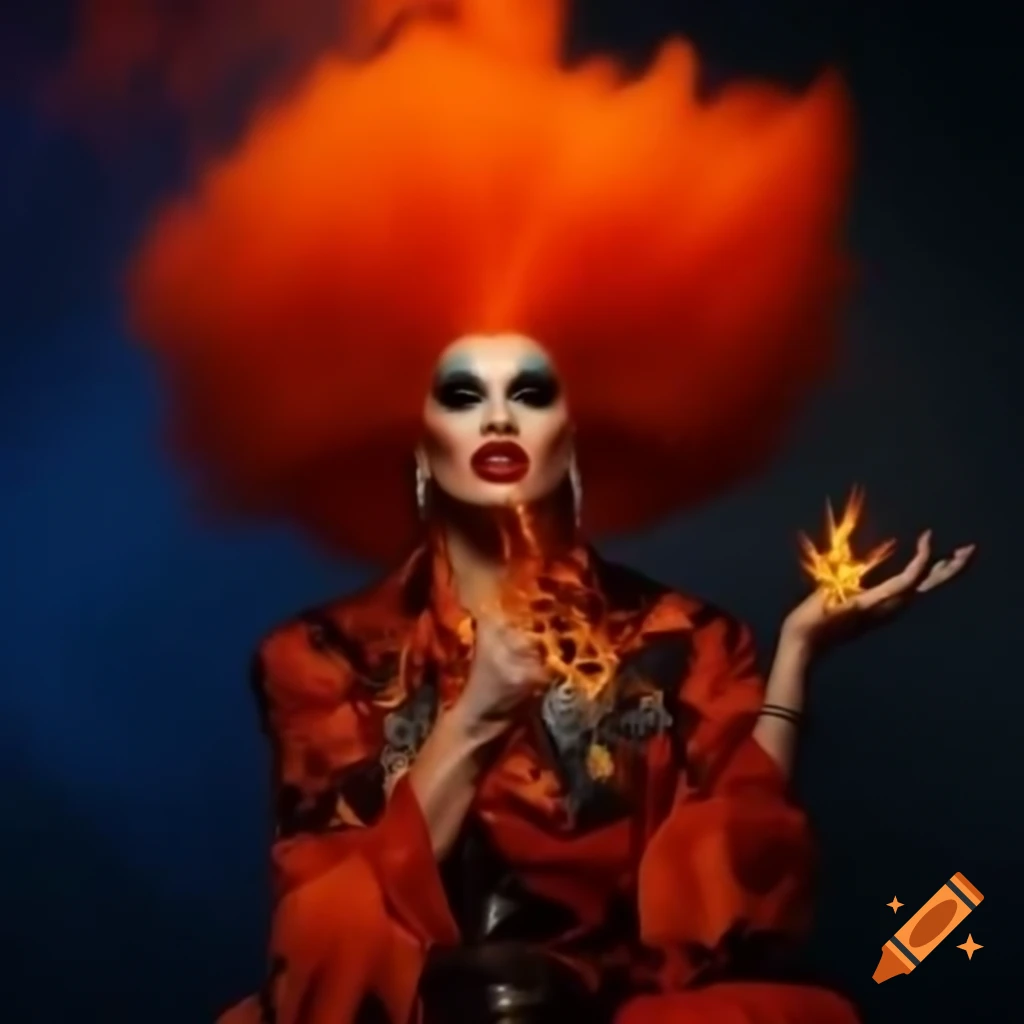 Dramatic volcano-inspired drag queen outfit with flame-like hair