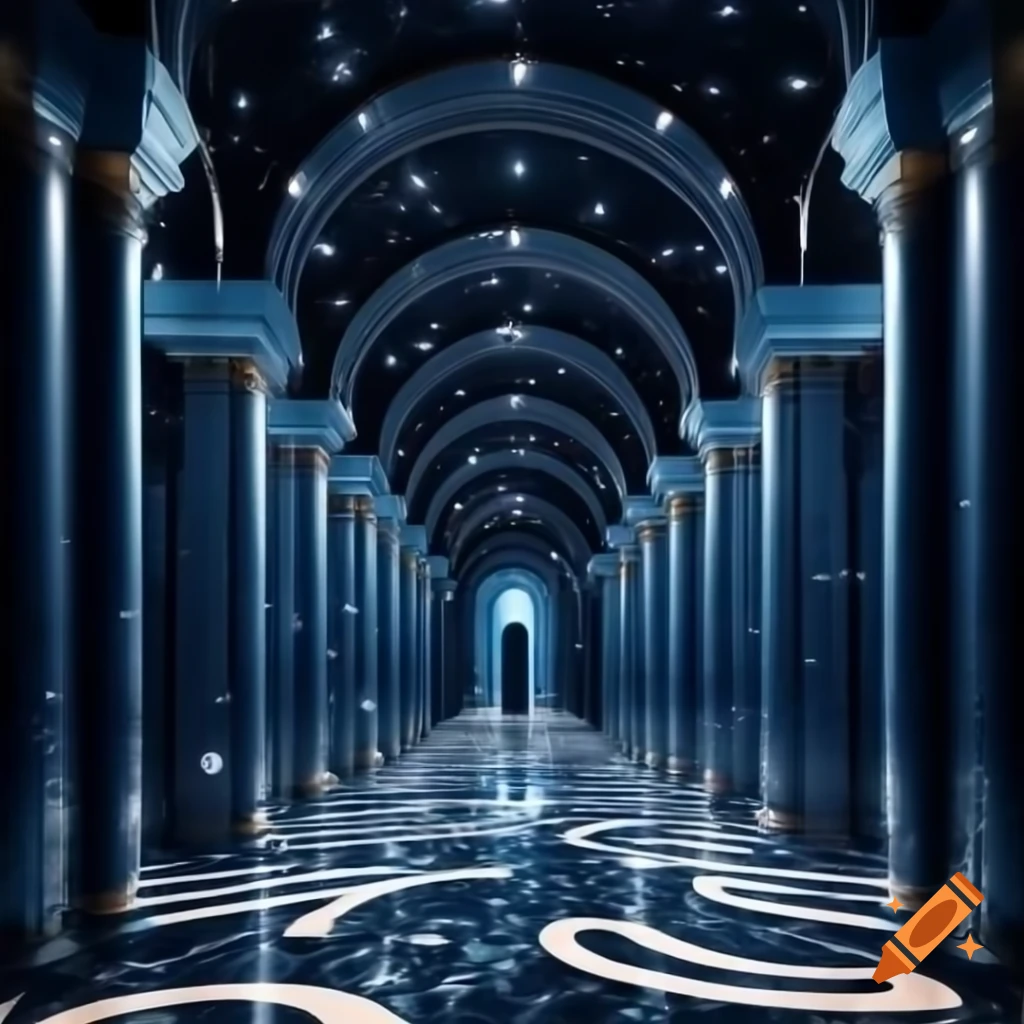 Dark blue marble hallways with sloped ceilings and glittering stars