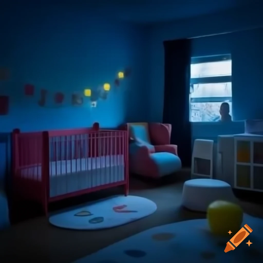 Colorful baby nursery room at night