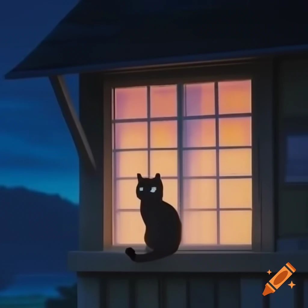 Cat in window at night in Studio Ghibli style