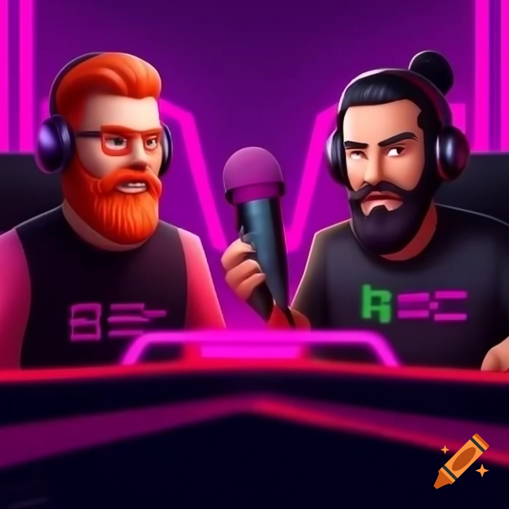 Futuristic scene with podcast hosts Redbeard and Blackbeard in magenta background