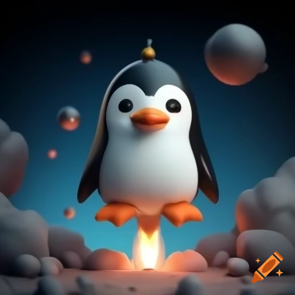 Cute chibi penguin rocket launch in 3D with background