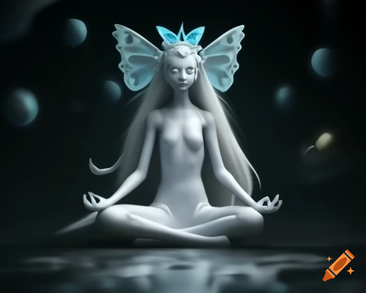 3D render of fairy with porcelain skin and butterfly crown, inspired by zbrush central contest
