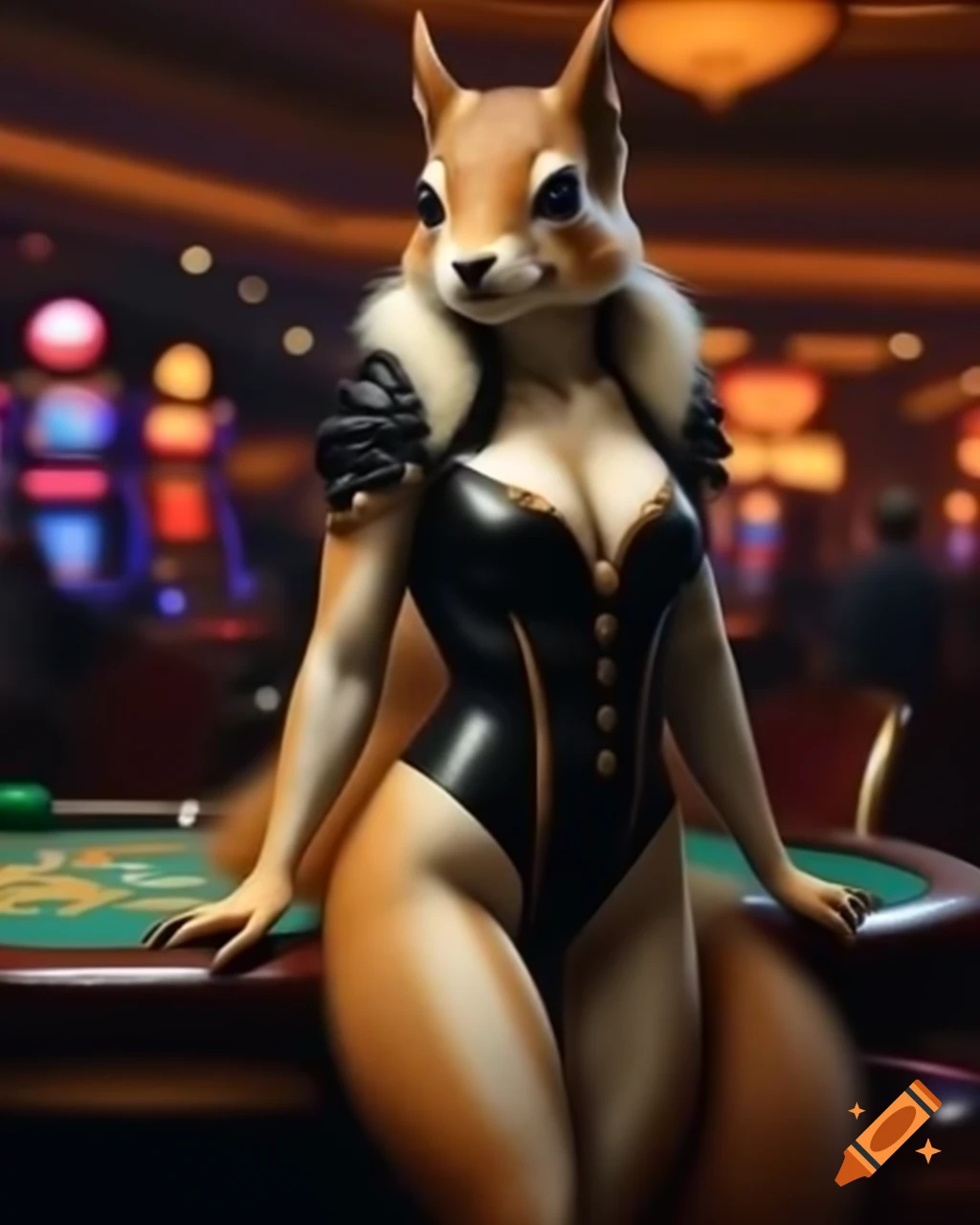 Anthro light brown squirrel woman in elegant black bodysuit at casino with fluffy tail