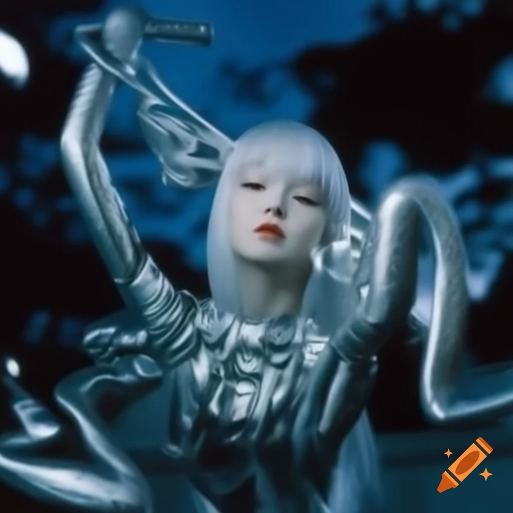 Pop surrealism photography featuring silver anime statue