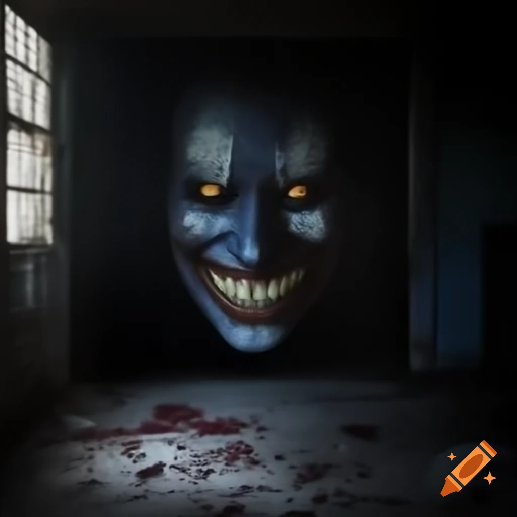 Mysterious shadowed face with eerie grin emerging from peeling paint in dim room
