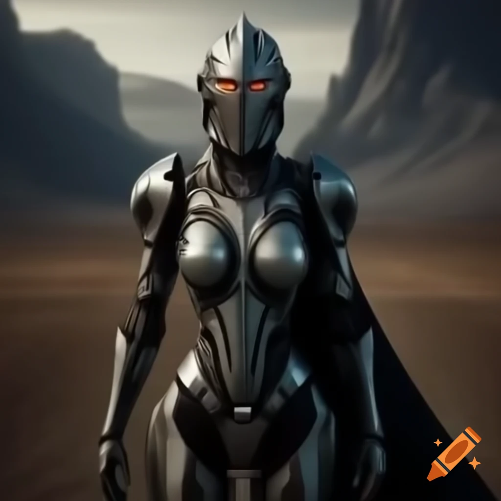 Futuristic knight standing in a wasteland setting