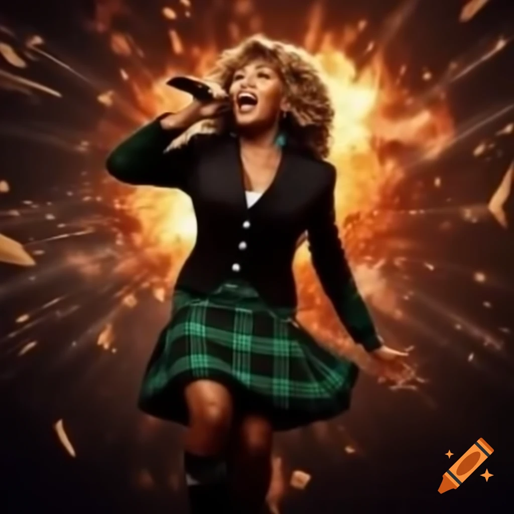 Scotsman in kilt singing with explosion in background