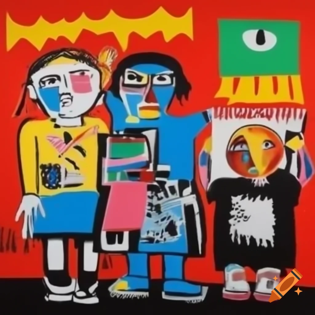 Playful children depicted in the style of Jean-Michel Basquiat