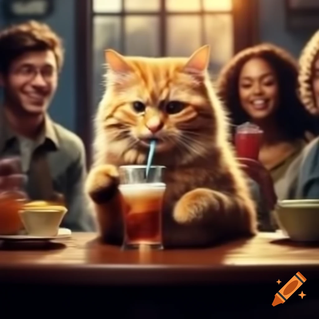 Orange tabby cat enjoying a drink with friends