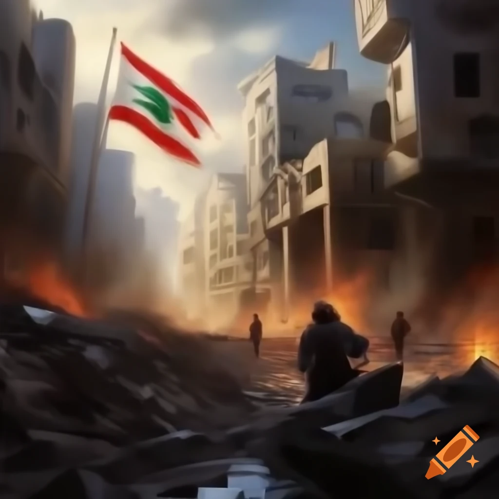 Lebanese cityscape painting showcasing war damage with a phoenix-like figure emerging