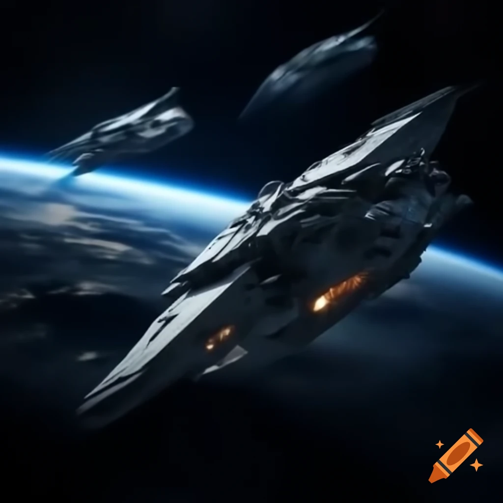 Squadron of starships traveling through interstellar space guided by stars