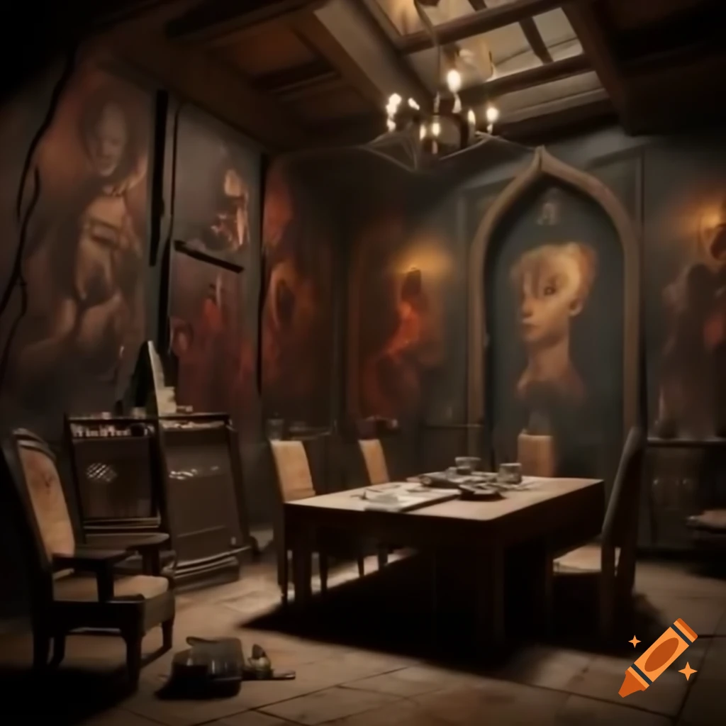 Scary house with large room featuring demonic drawings on walls