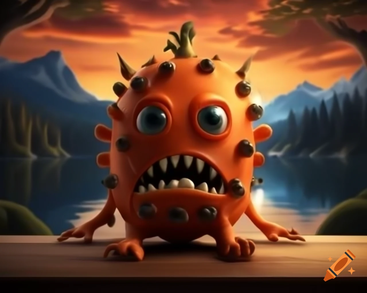 3D image of orange tree monster with human face in forest
