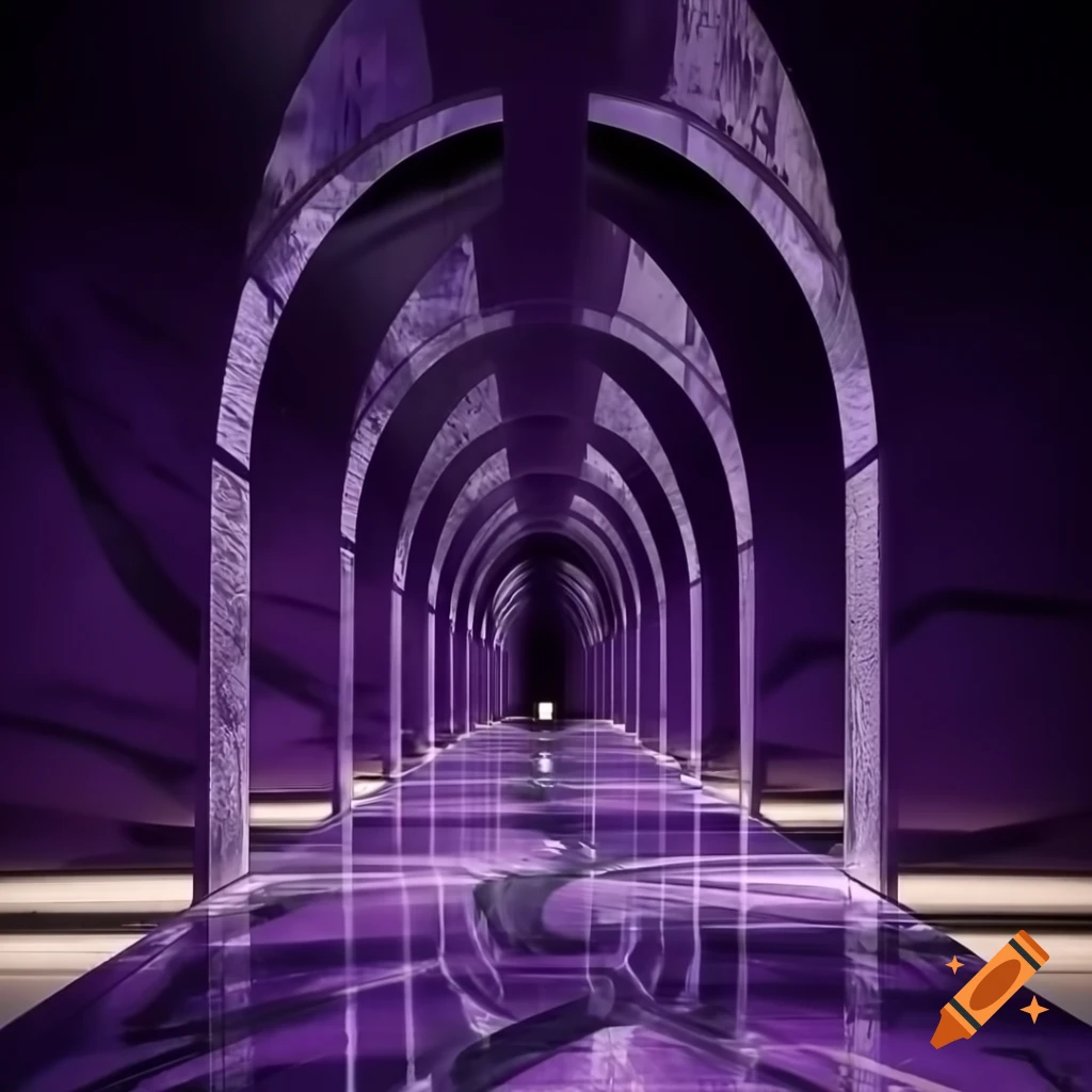 Violet marble hallways with sloped ceilings and curved columns