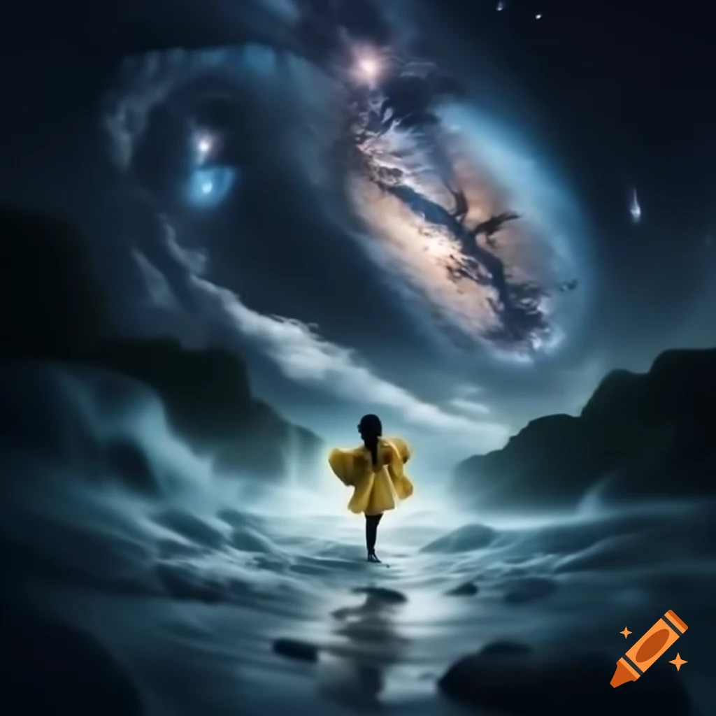 Black woman in yellow dress walking through river with galaxy reflection