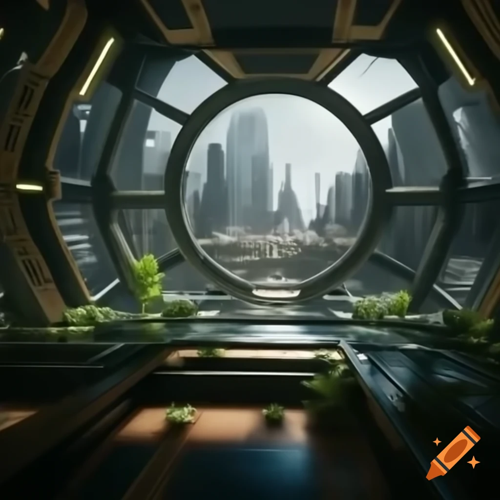 Interior view of futuristic building over city on terraformed Mars with ecosystem