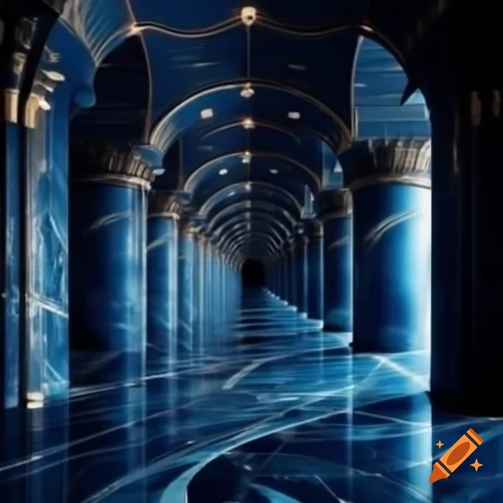 Dark blue marble hallways with sloped ceilings and glittering stars
