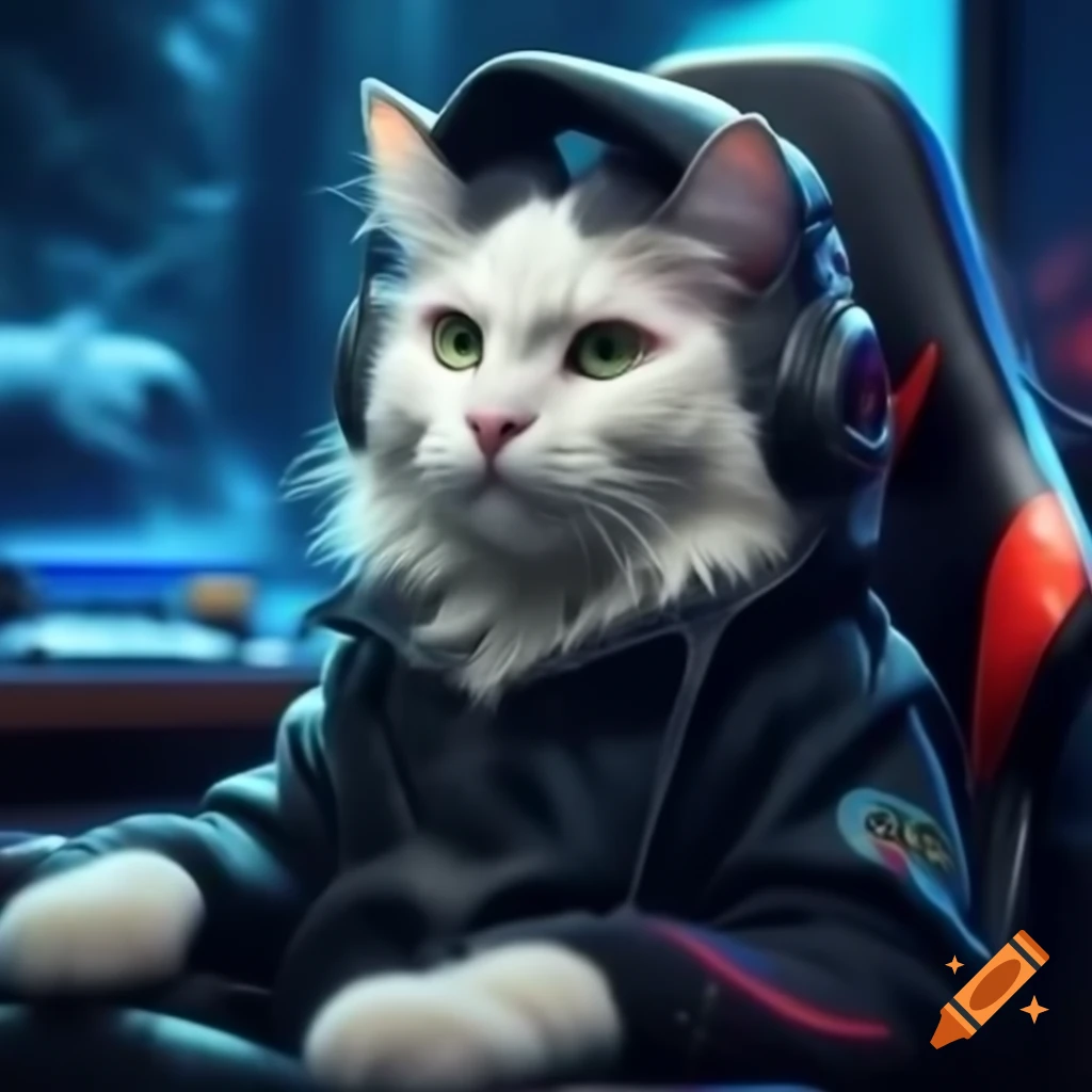 Snowy white cat with green eyes in black hoodie sitting in gaming chair