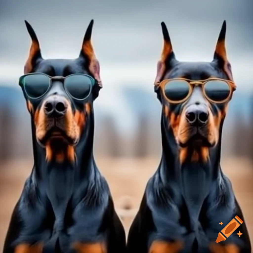 Two doberman dogs wearing glasses, full body shot