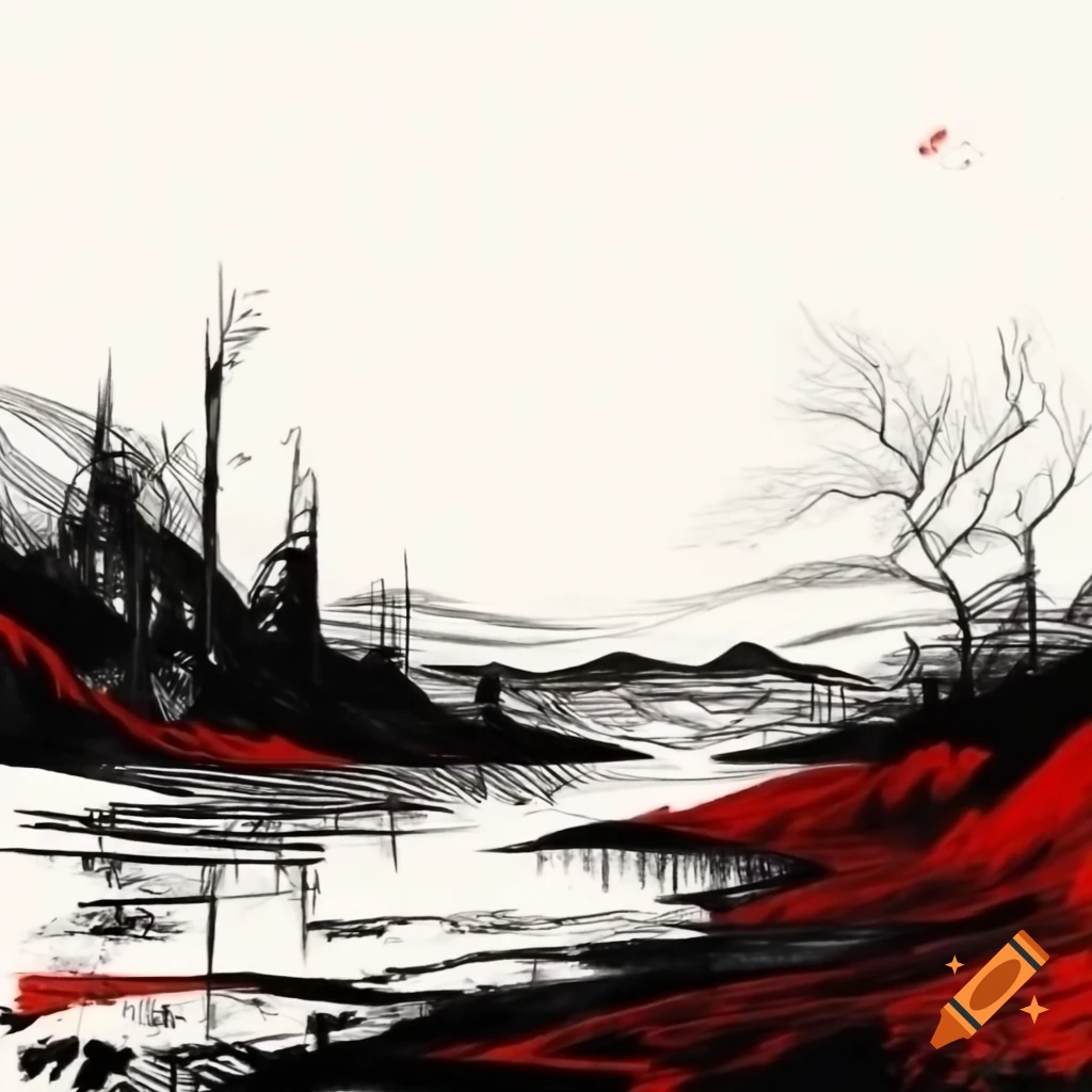 Dystopian gothic landscape ink drawing in black and red