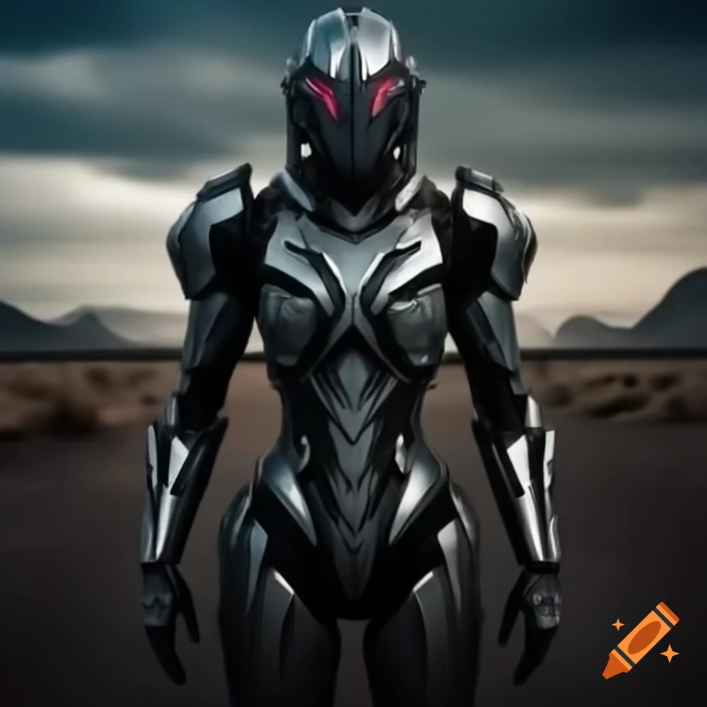 Slender futuristic knight standing in a wasteland setting