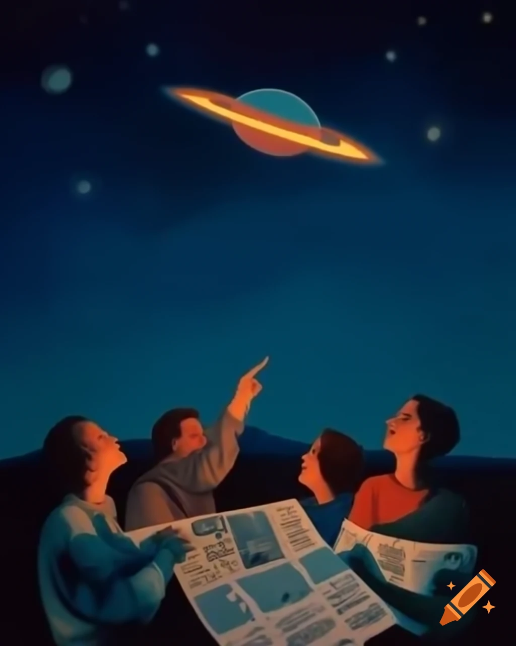 Group of people stargazing with UFO silhouette and newspaper headlines about sightings