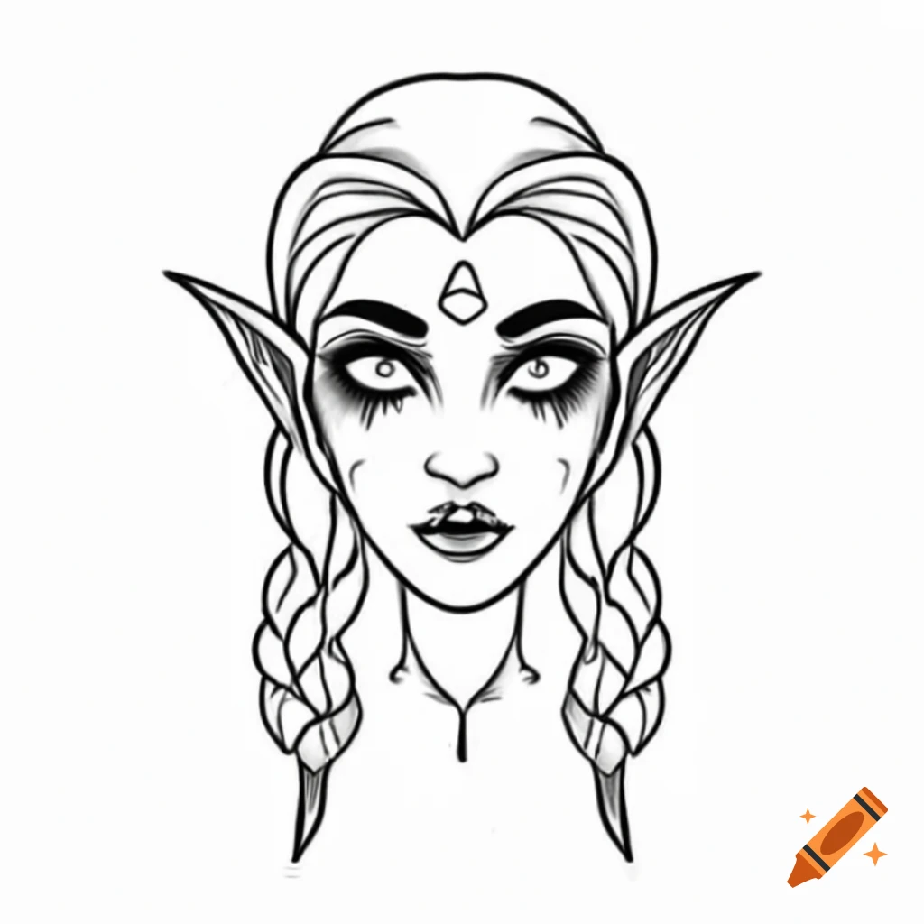 Gothic female elf line drawing with black ink and red accents