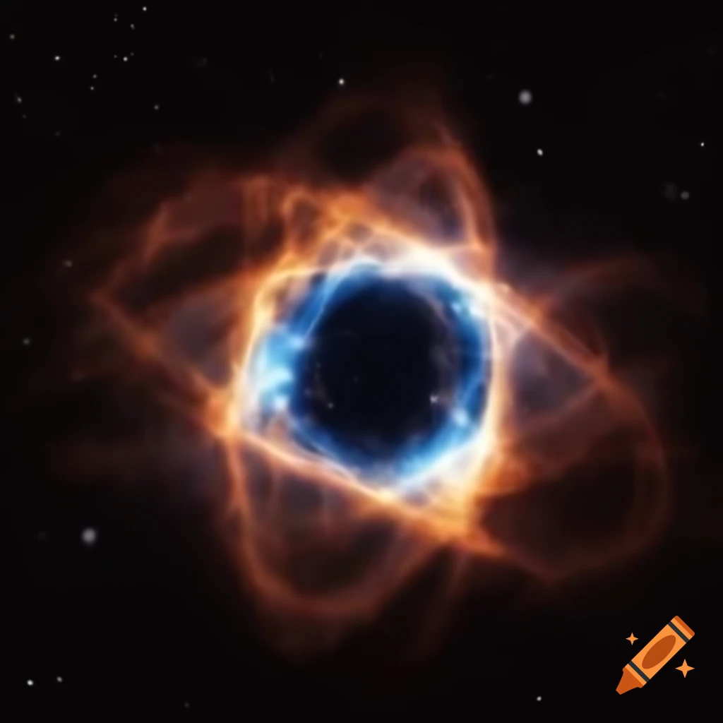 Glowing particles in space connected by light thread against starry background