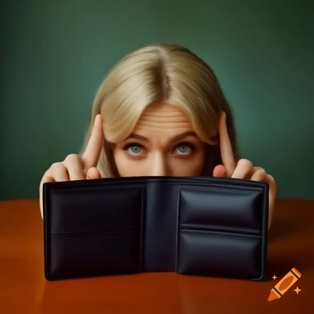 Anna Delvey with hand on head looking at empty wallet on table