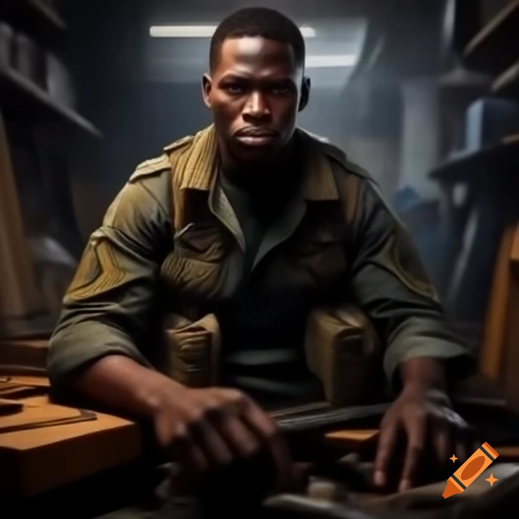 Black man in military uniform working in a storage room