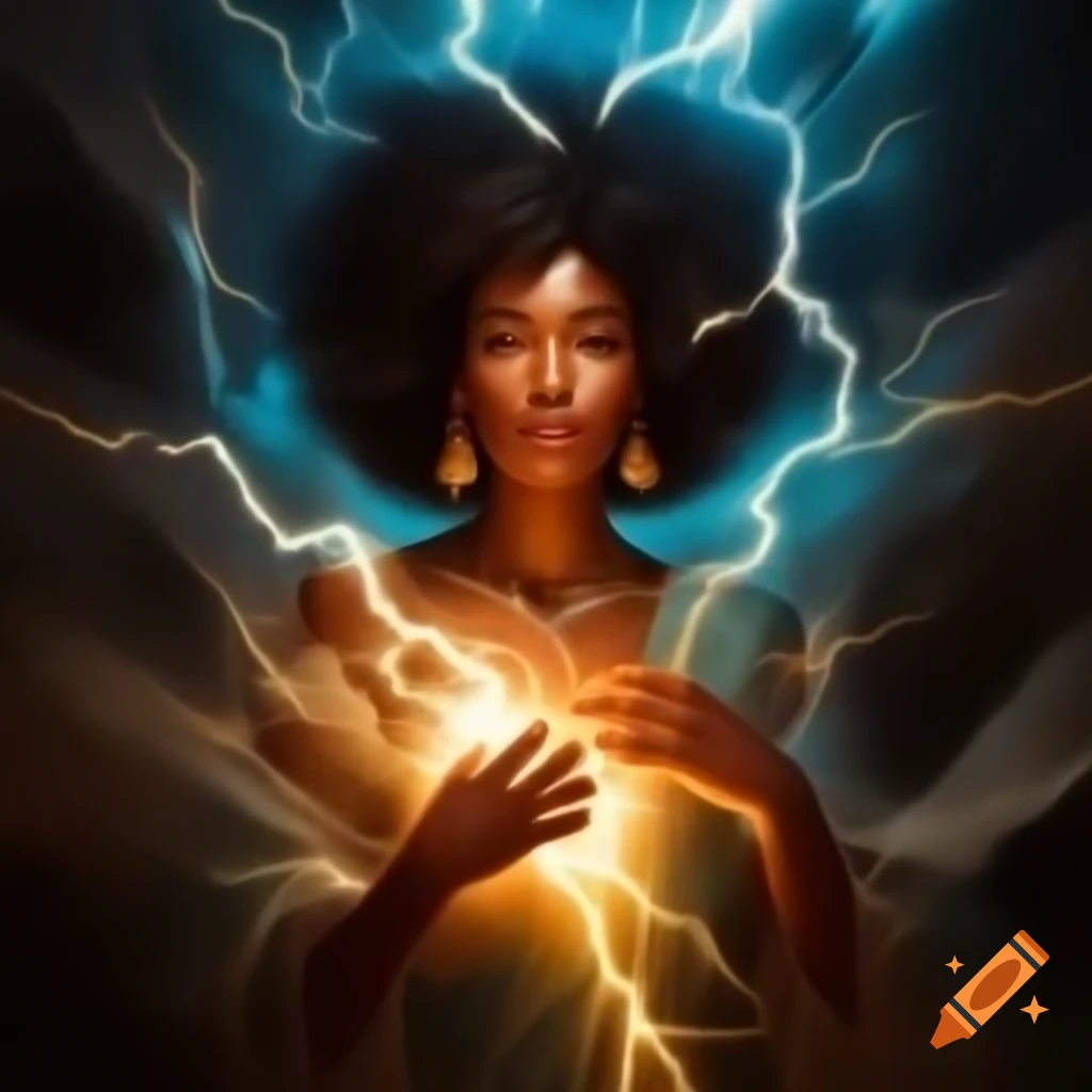 Afro-Caribbean goddess of electricity holding lightning