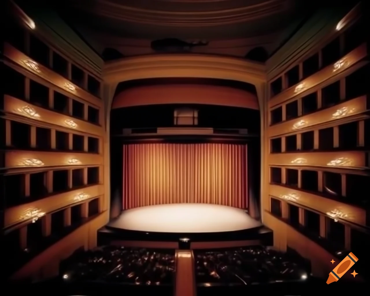 Bird's-eye view of theatre showcasing central stage and towering wings