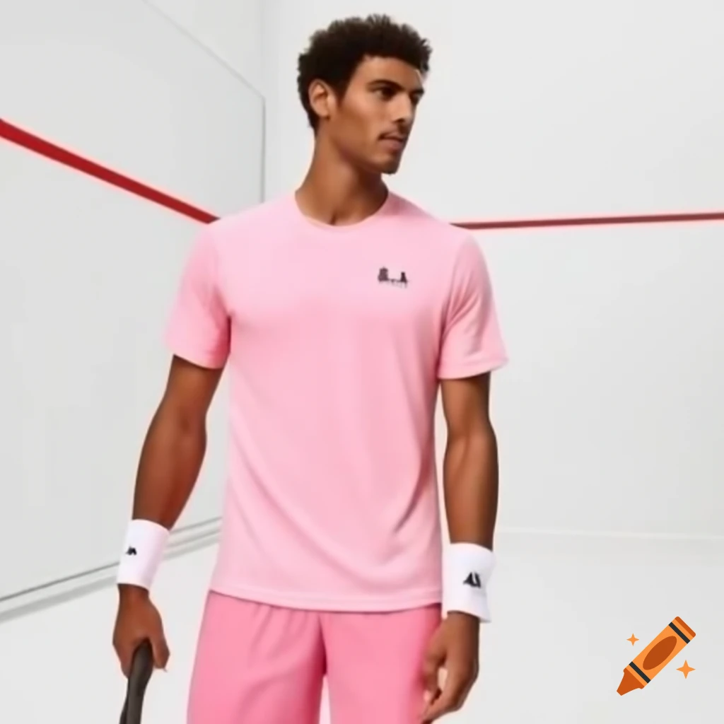 Two squash players, one male and one female, wearing dark pink T-shirts