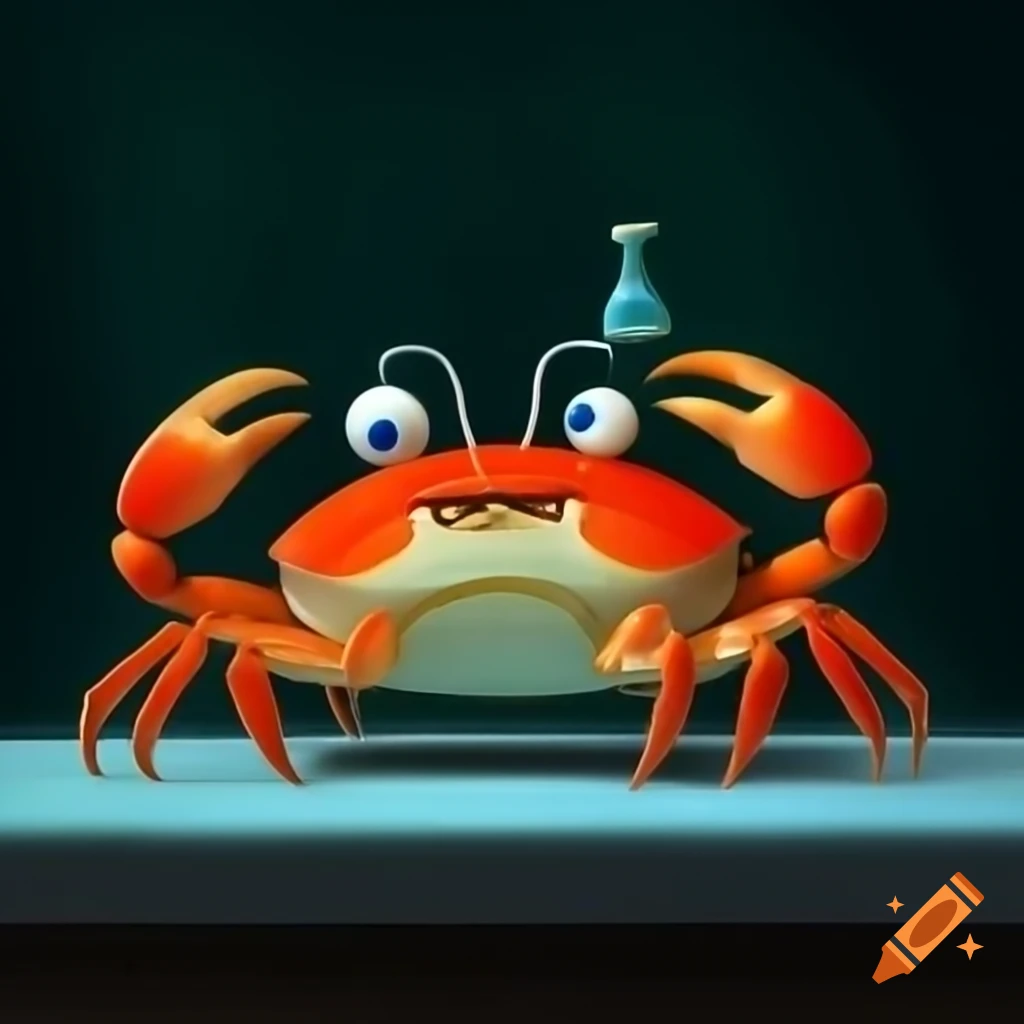 Crab wearing lab goggles and holding a beaker