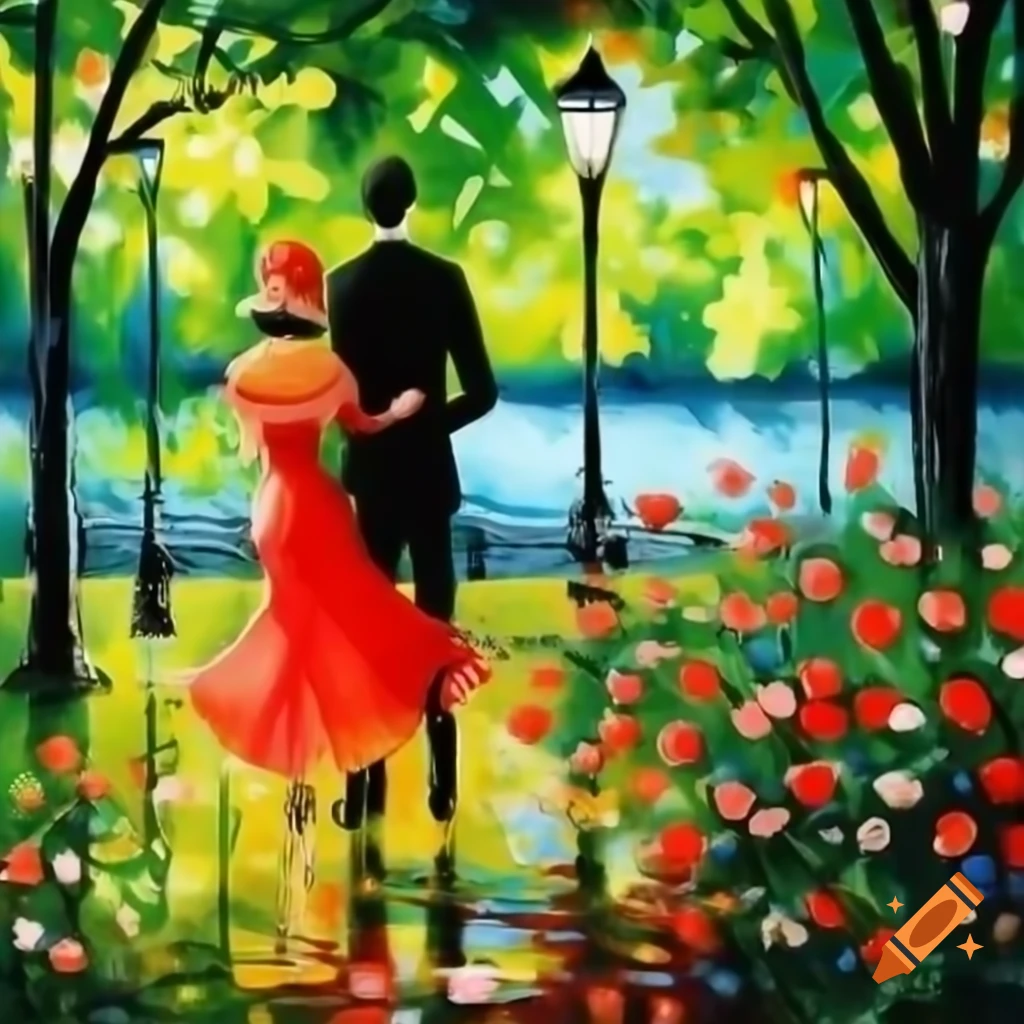 Couple In Elegant Clothing By Park And Lake In Afremov Style Limited 