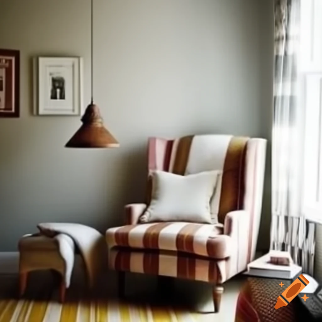 Cozy family room corner with striped wing chair, ottoman, and hanging reading lamp
