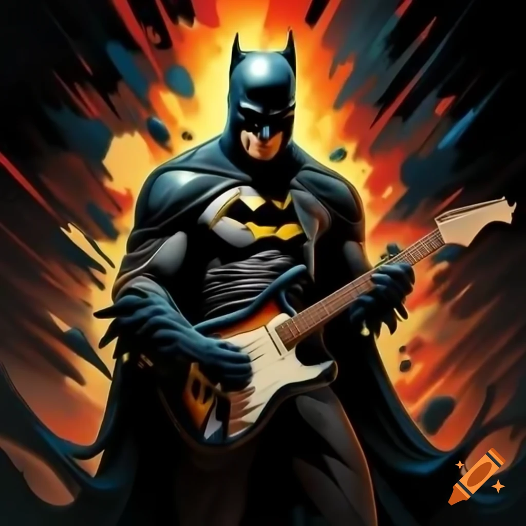 Batman playing electric guitar in front of explosion